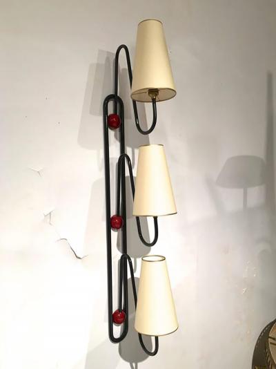 Jean Roy re Jean Roy re Documented Pair of Three Light Red and Black Sconces Model Boule 