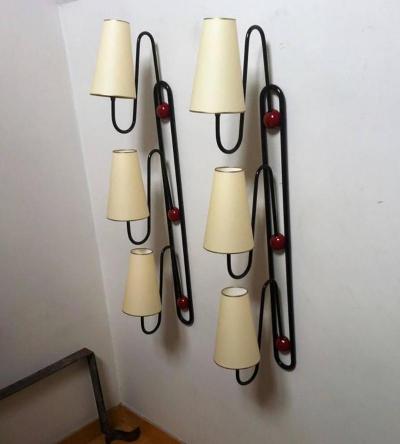 Jean Roy re Jean Roy re Documented Pair of Three Light Red and Black Sconces Model Boule 