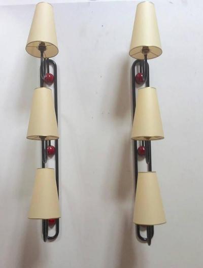 Jean Roy re Jean Roy re Documented Pair of Three Light Red and Black Sconces Model Boule 