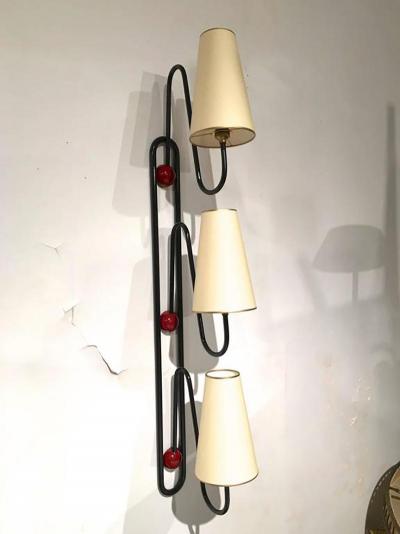 Jean Roy re Jean Roy re Documented Pair of Three Light Red and Black Sconces Model Boule 