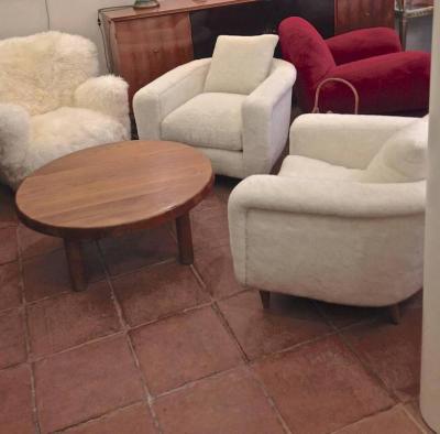 Jean Roy re Jean Roy re Pair of Armchairs with Tapered Metal Sabot Covered in Faux Fur