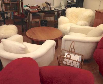 Jean Roy re Jean Roy re Pair of Armchairs with Tapered Metal Sabot Covered in Faux Fur