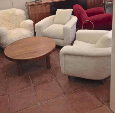 Jean Roy re Jean Roy re Pair of Armchairs with Tapered Metal Sabot Covered in Faux Fur