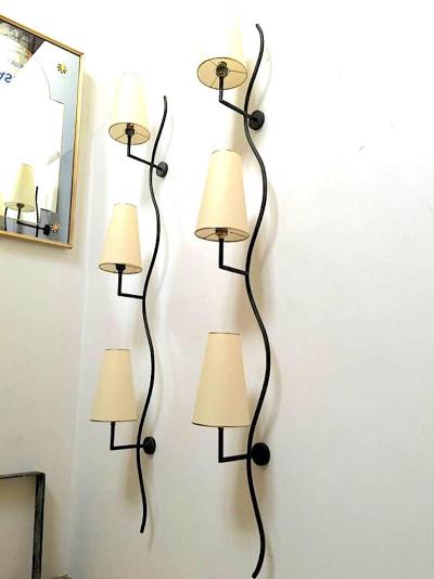 Jean Roy re Jean Roy re Pair of Vertical Ondulation Three Lights Sconces