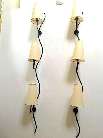 Jean Roy re Jean Roy re Pair of Vertical Ondulation Three Lights Sconces