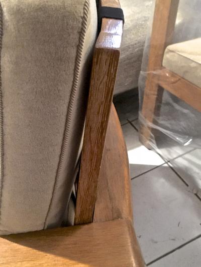 Jean Roy re Jean Royere Documented Pair of Oak Lounge Chairs Covered in Beige Mohair Velvet