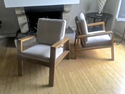 Jean Roy re Jean Royere Documented Pair of Oak Lounge Chairs Covered in Beige Mohair Velvet