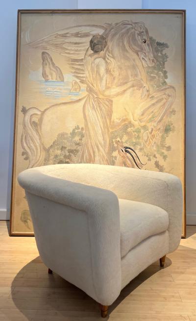 Jean Roy re Jean Royere comfy pair of lounge chairs newly covered in wool faux fur