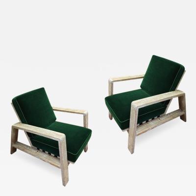 Jean Roy re Jean Royere documented pair of cerused oak lounge chairs