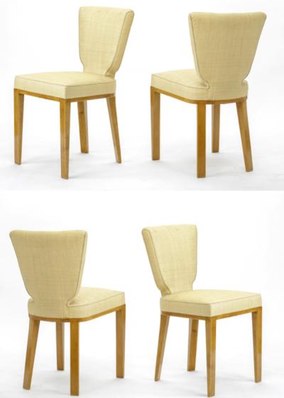 Jean Roy re Jean Royere documented vintage 4 trefle chairs covered in raphia cloth
