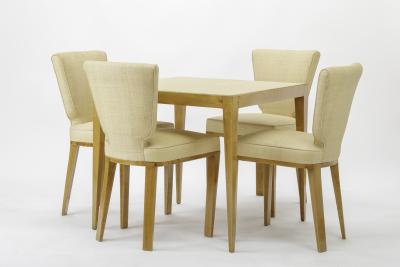 Jean Roy re Jean Royere documented vintage 4 trefle chairs covered in raphia cloth