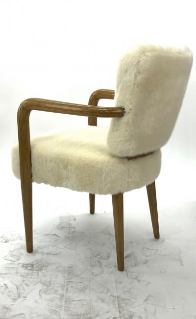 Jean Roy re Jean Royere pair of ash tree trefle arm chair covered in raw white faux fur