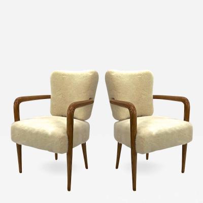 Jean Roy re Jean Royere pair of ash tree trefle arm chair covered in raw white faux fur