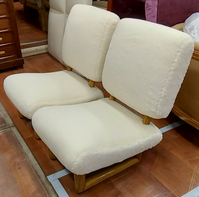 Jean Roy re Jean Royere rarest pair of Visiteur du soir wool faux fur slipper chairs