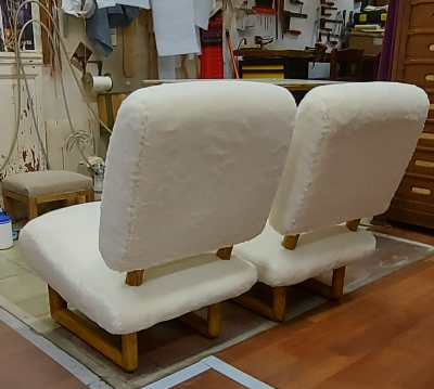 Jean Roy re Jean Royere rarest pair of Visiteur du soir wool faux fur slipper chairs