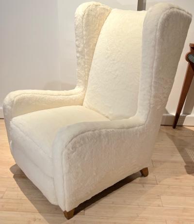 Jean Roy re Jean Royere single Souflet lounge chair newly covered in faux fur