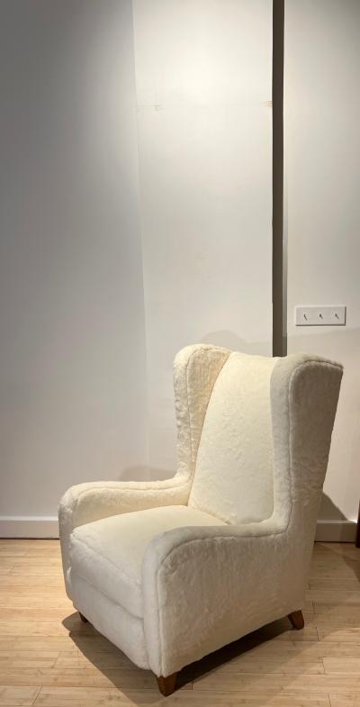 Jean Roy re Jean Royere single Souflet lounge chair newly covered in faux fur