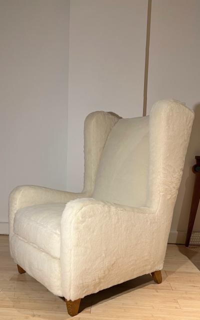 Jean Roy re Jean Royere single Souflet lounge chair newly covered in faux fur