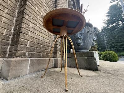 Jean Roy re MID CENTURY GILT IRON AND BROWN MIRROR TABLE ATTRIBUTED TO JEAN ROYERE