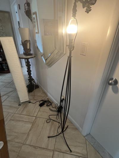 Jean Roy re MODERNIST BLACK METAL CAGE FORM FLOOR LAMPS IN THE MANNER OF JEAN ROYERE