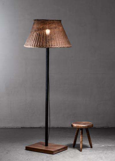 Jean Touret Jean Touret Iron and Wicker Floor Lamp for Marolles France 1950s