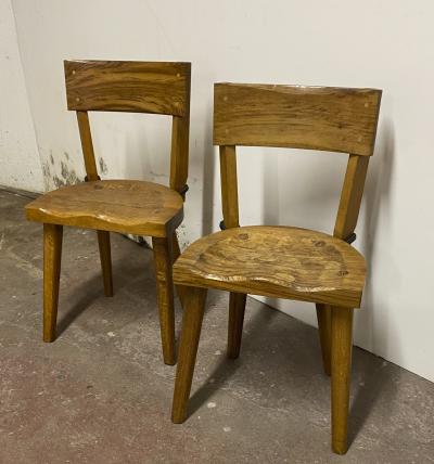 Jean Touret Jean Touret pour les Ateliers de Marolles pair of brutalist solid wood chairs