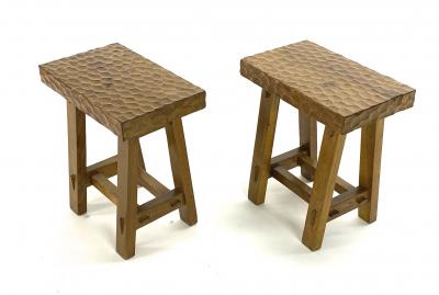 Jean Touret Jean Touret style awesome pair of brutalist stools oak carved A la gouge 