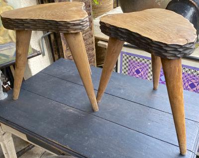 Jean Touret Jean Touret style brutalist pair of oak tripod stools carved a la gouge 