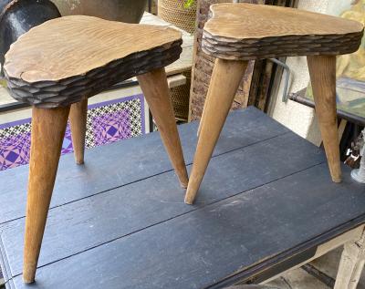 Jean Touret Jean Touret style brutalist pair of oak tripod stools carved a la gouge 