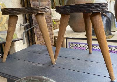 Jean Touret Jean Touret style brutalist pair of oak tripod stools carved a la gouge 