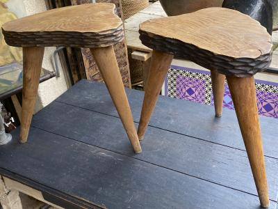 Jean Touret Jean Touret style brutalist pair of oak tripod stools carved a la gouge 