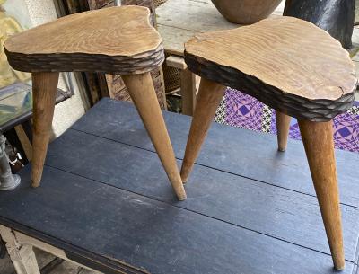 Jean Touret Jean Touret style brutalist pair of oak tripod stools carved a la gouge 