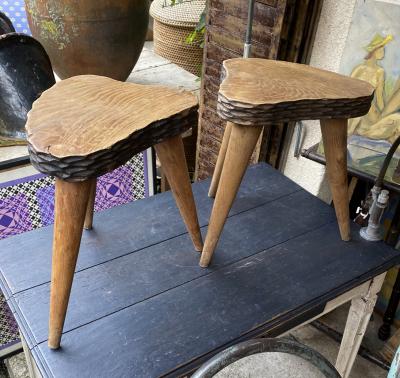 Jean Touret Jean Touret style brutalist pair of oak tripod stools carved a la gouge 