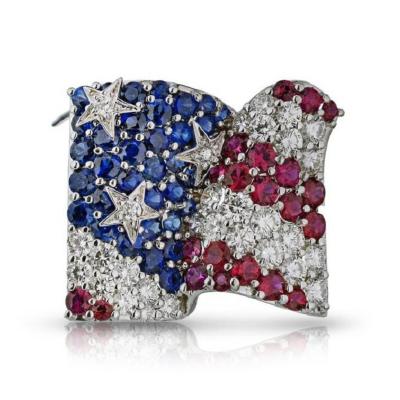 Jean Vitau JEAN VITAU 18K WHITE GOLD SAPPHIRE DIAMOND AND RUBY AMERICAN FLAG BROOCH