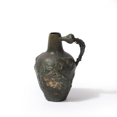 Jeanne Jozon Art Nouveau Bronze Flagon Maiden Enveloped in Milk Thistle signed Jeanne Jozon