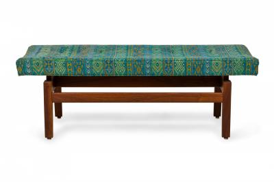 Jens Risom Blue and Green Southwestern Pattern Upholstery and Wood Floating Bench
