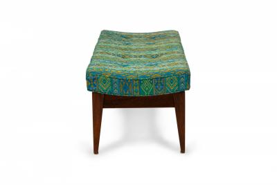 Jens Risom Blue and Green Southwestern Pattern Upholstery and Wood Floating Bench