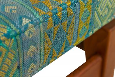 Jens Risom Blue and Green Southwestern Pattern Upholstery and Wood Floating Bench