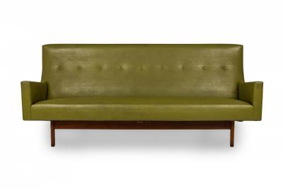 Jens Risom Danish Mid Century Avocado Green Vinyl and Teak Upholstered Sofa