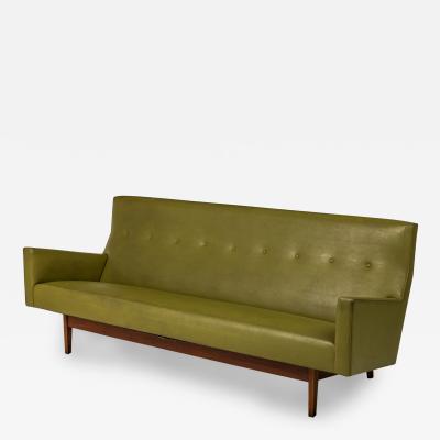 Jens Risom Danish Mid Century Avocado Green Vinyl and Teak Upholstered Sofa