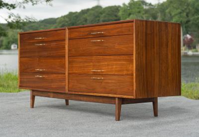 Jens Risom Fully Restored Jens Risom Walnut Brass 8 Drawer Cabinet or Dresser