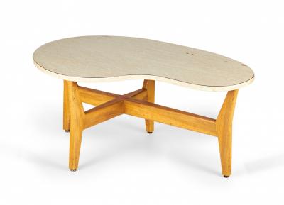 Jens Risom Jens Risom Kidney Shaped Beige Mica And Walnut Cocktail Coffee Table