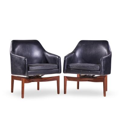 Jens Risom Jens Risom Mid Century Walnut Swivel Chairs Pair