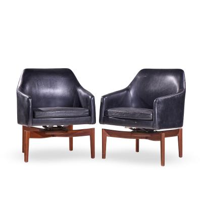 Jens Risom Jens Risom Mid Century Walnut Swivel Chairs Pair