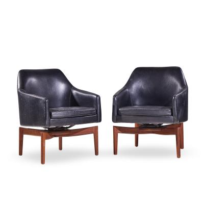 Jens Risom Jens Risom Mid Century Walnut Swivel Chairs Pair