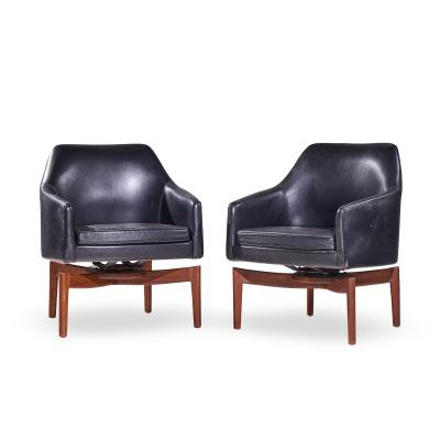 Jens Risom Jens Risom Mid Century Walnut Swivel Chairs Pair