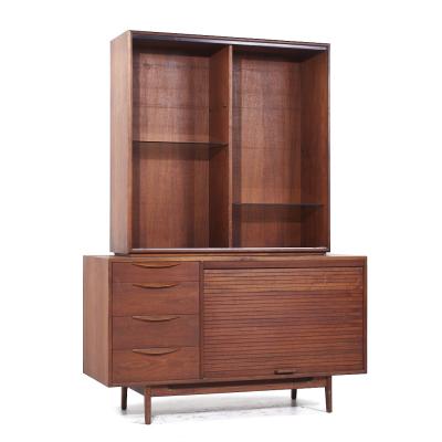 Jens Risom Jens Risom Mid Century Walnut Tambour Door Credenza and Hutch