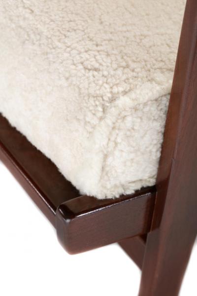 Jens Risom Jens Risom Walnut Lounge Chairs in Ivory Shearling circa 1950s