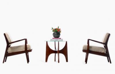 Jens Risom Jens Risom Walnut Lounge Chairs in Ivory Shearling circa 1950s