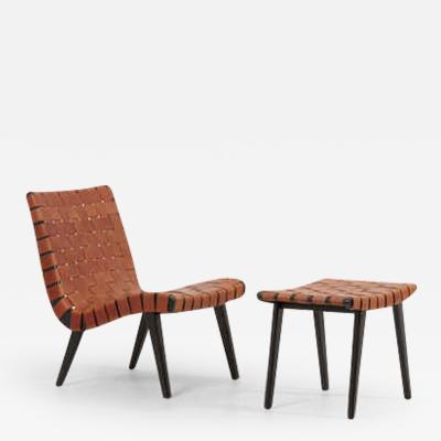 Jens Risom Jens Risom for Vostra Pair of Leather Webbed Lounge Chair with Ottoman